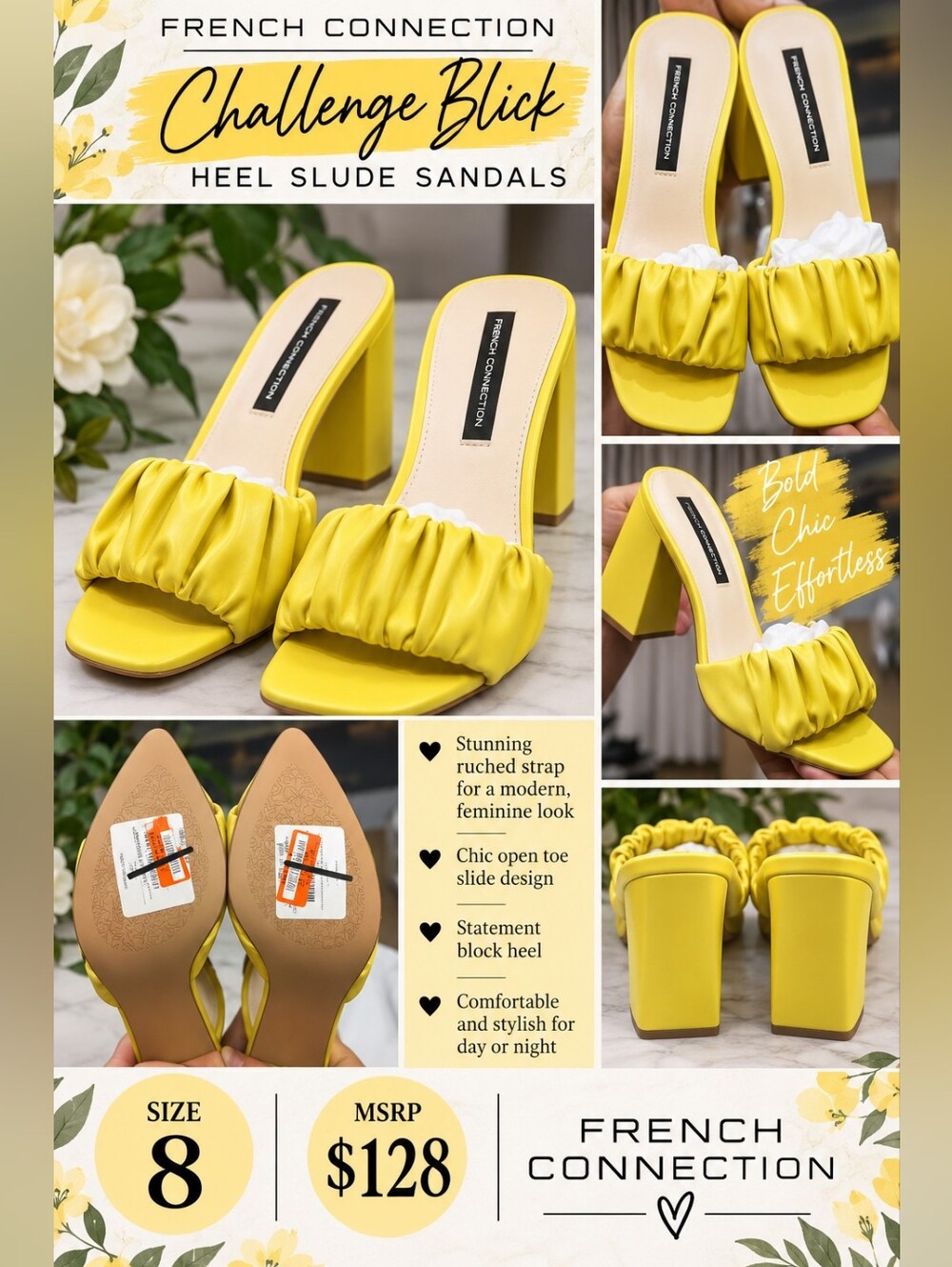 French Connection Mustard/Chartreuse Ruched Strap Block Heel Slides - NWOB